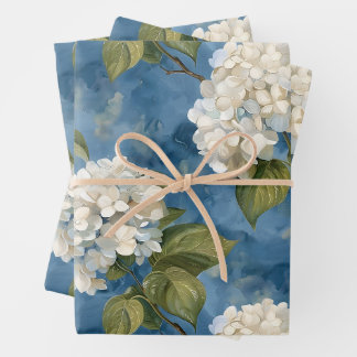 Hoja De Papel De Regalo Hermosa hidrangea blanca en azul