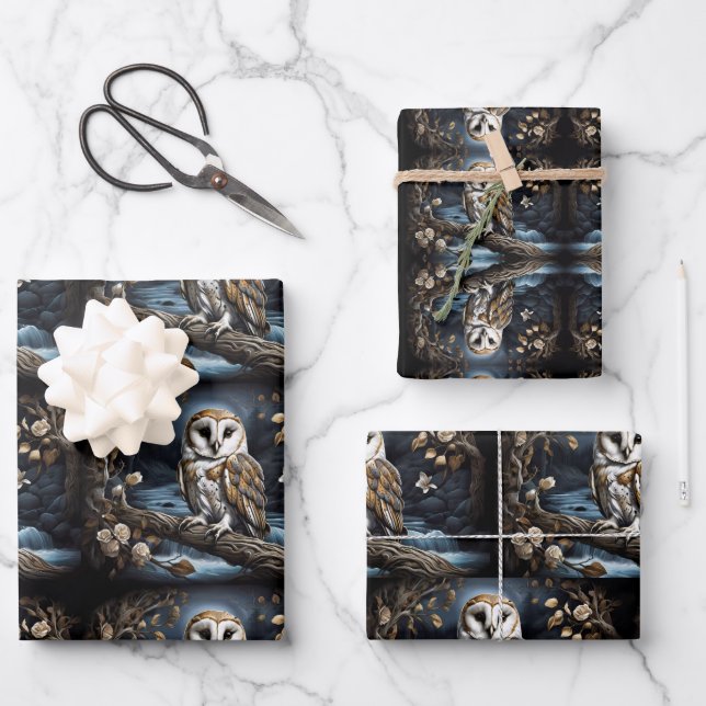 Hoja De Papel De Regalo Hermosa lechuza en una rama (Anverso)
