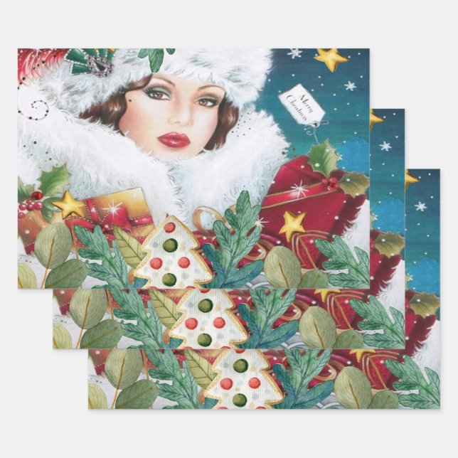 Hoja De Papel De Regalo Hermosa mujer Navidad (Set)