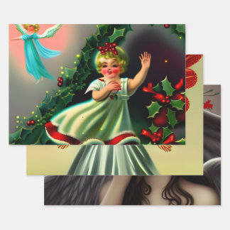 Hoja De Papel De Regalo Hermosa página vintage de los ángeles de Navidad