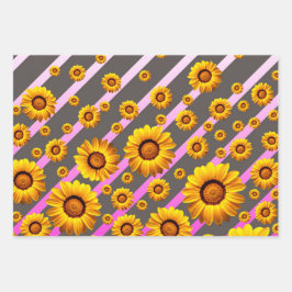 Hoja De Papel De Regalo Hermosas flores amarillas sobre rayas grises y ros