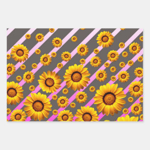 Hoja De Papel De Regalo Hermosas flores amarillas sobre rayas grises y ros