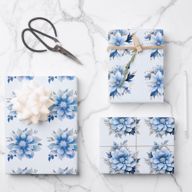 Hoja De Papel De Regalo Hermosas flores de Navidades azules (Anverso)