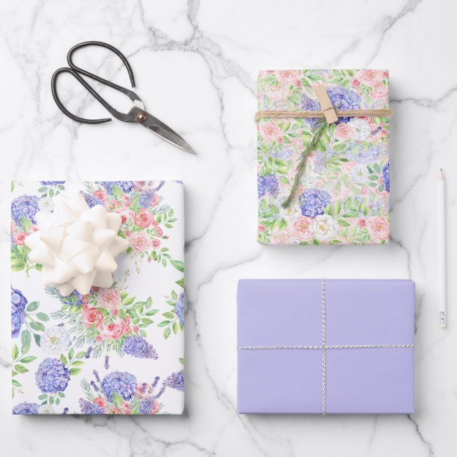 Hoja De Papel De Regalo Hermosas Hydangeas, Lilas y Rosas (Anverso)