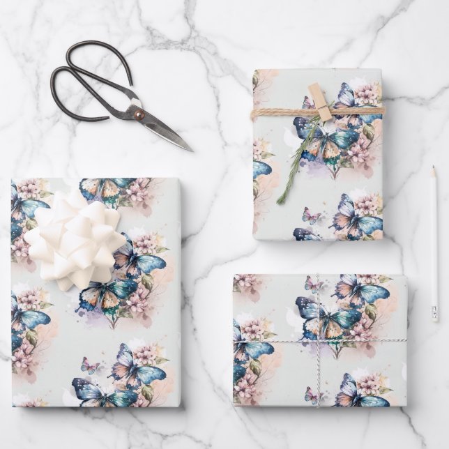 Hoja De Papel De Regalo Hermosas mariposas y flores (Anverso)
