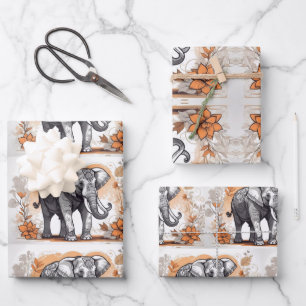 Hoja De Papel De Regalo Hermoso Elefante caminando con flores amarillas