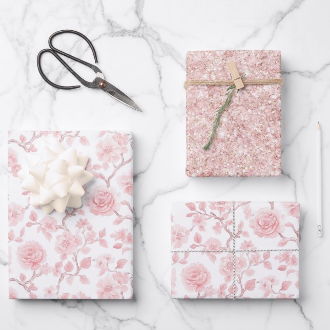 Hoja De Papel De Regalo Hermoso Glitter Floral de Rosas Rosadas Bridal Sho (Anverso)