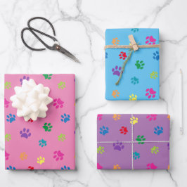 Hoja De Papel De Regalo Hermoso Patrón de Huellas de Patas Coloridas Rosa 