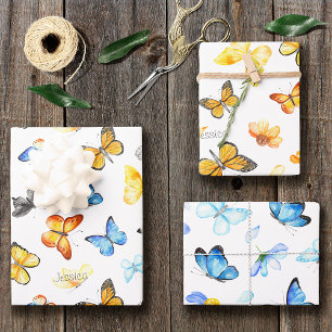 Hoja De Papel De Regalo Hermoso patrón de mariposa con nombre Cumpleaños