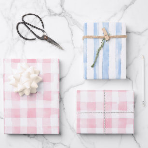 Hoja De Papel De Regalo Hermoso rosa azul blanco a cuadros rayas despedida