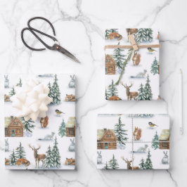 Hoja De Papel De Regalo Hermosos Animales De Invierno Alrededor De Una Cab