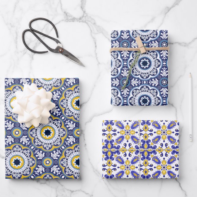Hoja De Papel De Regalo 💗 Hermosos Azulejos azules y amarillos, (Anverso)