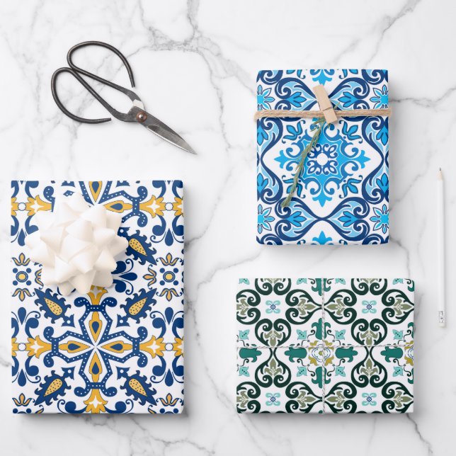 Hoja De Papel De Regalo 💙 💛 Hermosos Azulejos azules y amarillos, (Anverso)