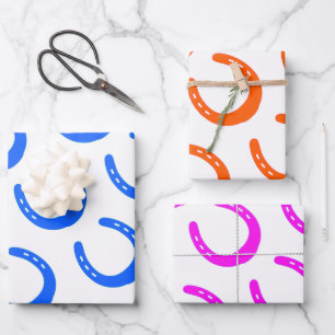 Hoja De Papel De Regalo Herradura Patrones Azul Naranja Rosa Hípica Fun