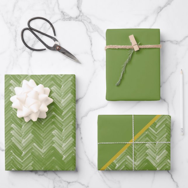 Hoja De Papel De Regalo Herringbone Chevron Patrón Bosque Verde (Anverso)