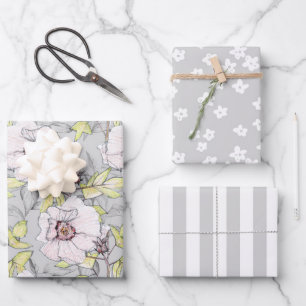 Hoja De Papel De Regalo Hibisco Rosa Flor Silvestre Gris Franja Blanca