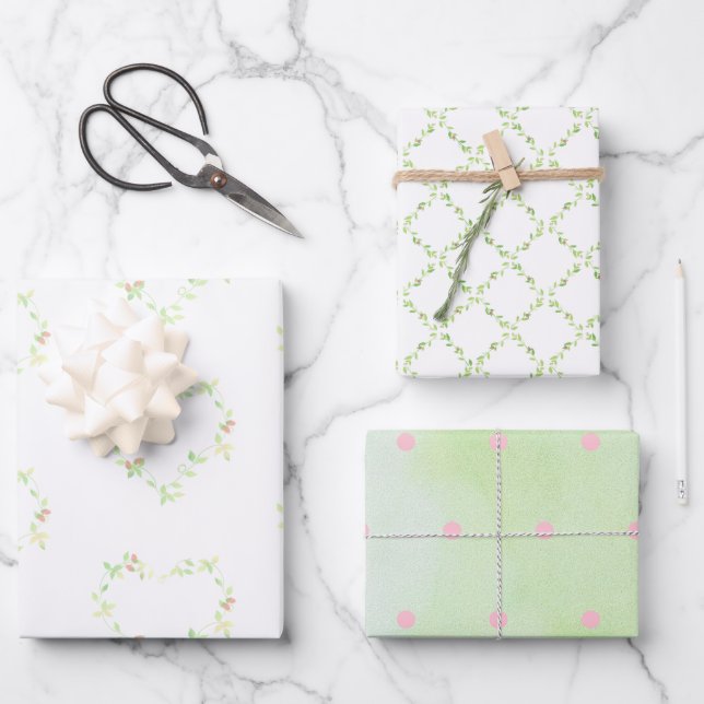 Hoja De Papel De Regalo Hiedra Corazones, Enrejado y Puntos Surtidos (Anverso)