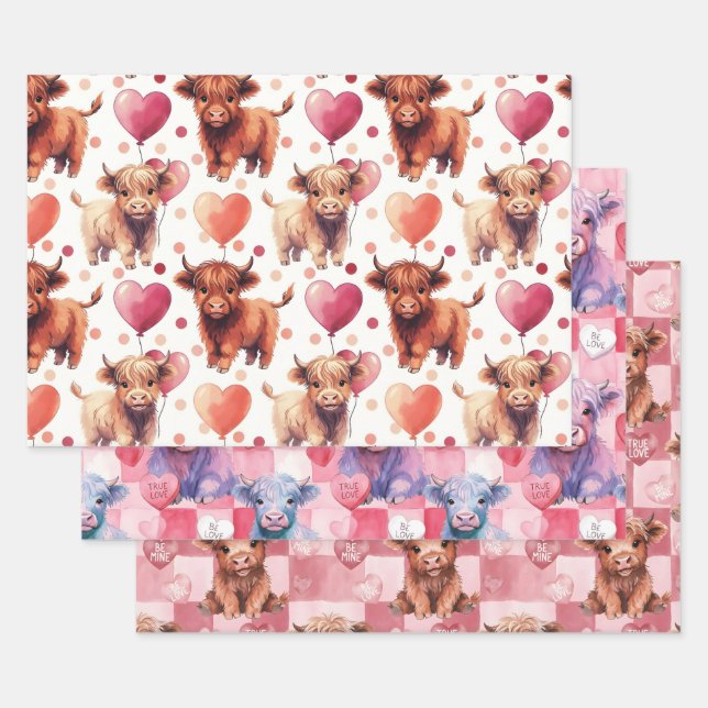 Hoja De Papel De Regalo Highland Cow Valentine Pink Balloon Hearts Gift (Set)