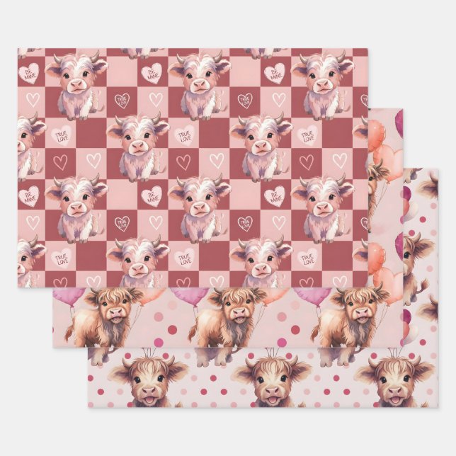 Hoja De Papel De Regalo Highland Cow Valentine Pink Candy Hearts Gift (Set)