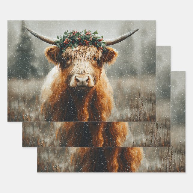Hoja De Papel De Regalo Highland Cow With Christmas Wreath Crown (Set)