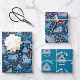 Hoja De Papel De Regalo Hijos De La Fiesta De Cumpleaños Del Tiburón En El