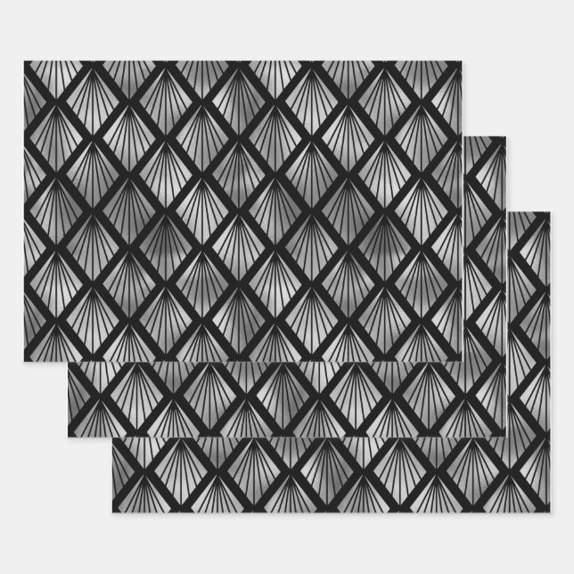 Hoja De Papel De Regalo Hinchas del Art Deco plateado en negro (Set)