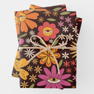 Hoja De Papel De Regalo Hippie Psychedelic 70 Groovy Flores Ojos Patrón