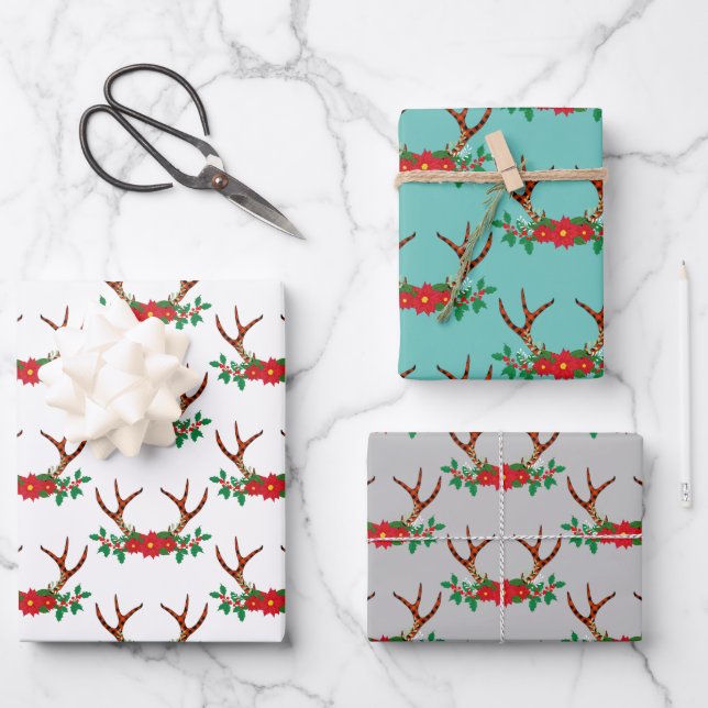 Hoja De Papel De Regalo Holiday Poinsettia y Antlers (Anverso)