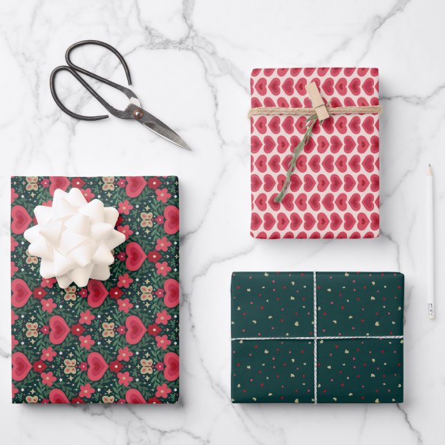 Hoja De Papel De Regalo Holiday Wrapping Paper Set – Hearts, Flowers, Dots (Anverso)