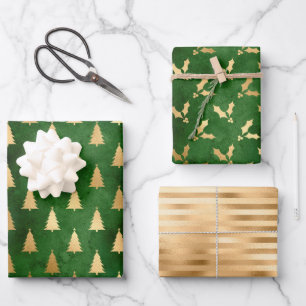 Hoja De Papel De Regalo Holly de árbol de Navidad Patrones de oro verde
