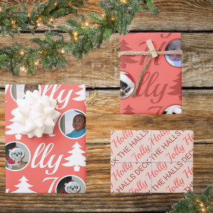 Hoja De Papel De Regalo Holly Jolly Collage de fotos Coral Navidades rosad