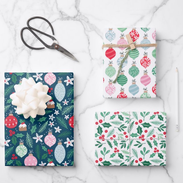 Hoja De Papel De Regalo Holly Jolly Ornaments Holiday (Anverso)