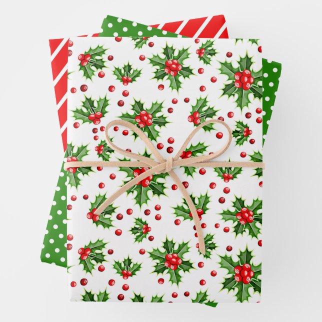 Hoja De Papel De Regalo Holly Tree deja a Berries Polka Dots Patter (In situ)