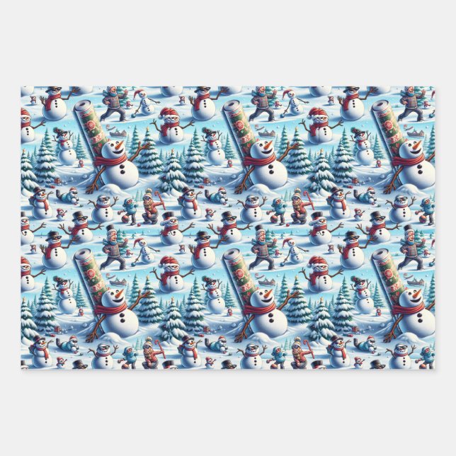 Hoja De Papel De Regalo Hombres de nieve en varios escenarios divertidos (Anverso)