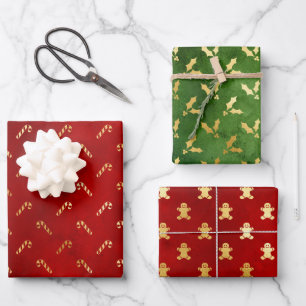 Hoja De Papel De Regalo Hombres de Pan de Oro, Holly y Candy Canes