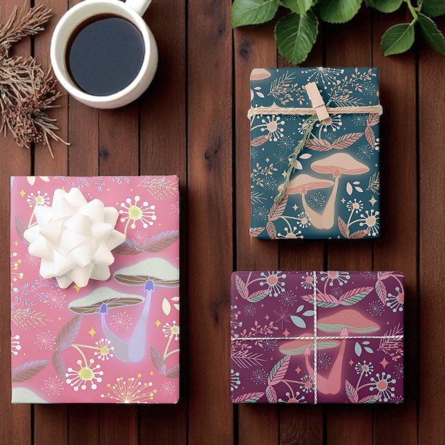 Hoja De Papel De Regalo Hongos encantados, flora forestal, caprichosa (Whimsical mushroom & floral wrap woodland charm for birthdays, holidays, and nature-loving gifts.)