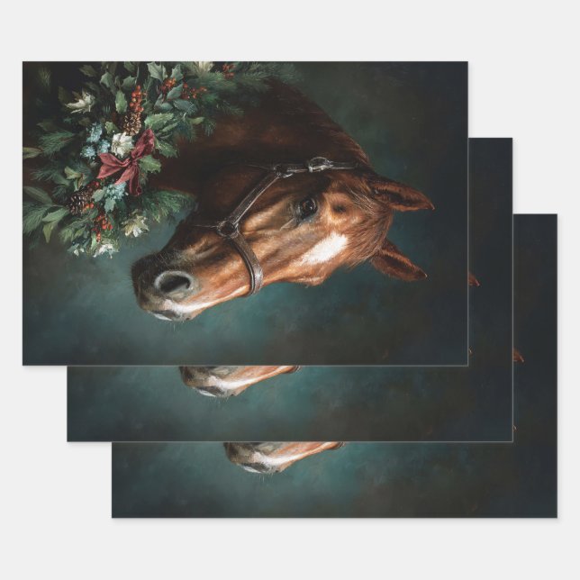 Hoja De Papel De Regalo Horse with Holiday Wreath and Red Ribbon (Set)