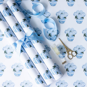 Hoja De Papel De Regalo Hortensias azules en maceta de Chinoiserie