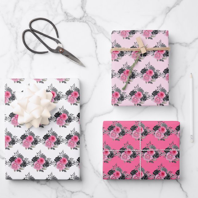 Hoja De Papel De Regalo Hot Pink and Silver Elegant Flowers (Anverso)