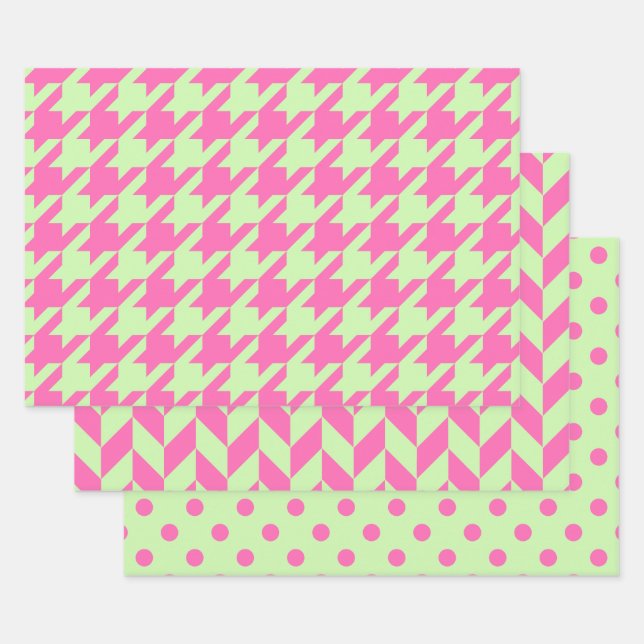 Hoja De Papel De Regalo Houndstoth, Herringbone, Dot DIY Celery Pinks (Set)