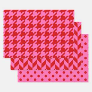 Hoja De Papel De Regalo Houndstoth, Herringbone, Dot DIY Color Hot Pk Red