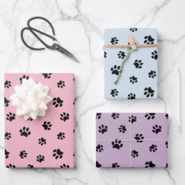 Hoja De Papel De Regalo Huellas Negras Adorables en Pastel Rosa Azul y Mor