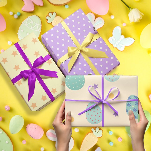 Hoja De Papel De Regalo Huevos de Pascua en tonos pastel púrpura conjunto  (Easter Eggs in purple pastel colours set of 3 Wrapping Paper Sheet)