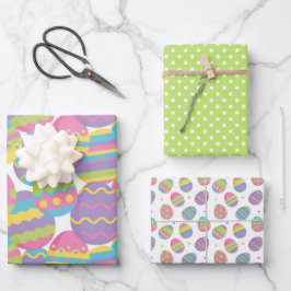 HOJA DE PAPEL DE REGALO HUEVOS PASTEL COLORIDOS DE ORIENTE Y POLKS VERDES