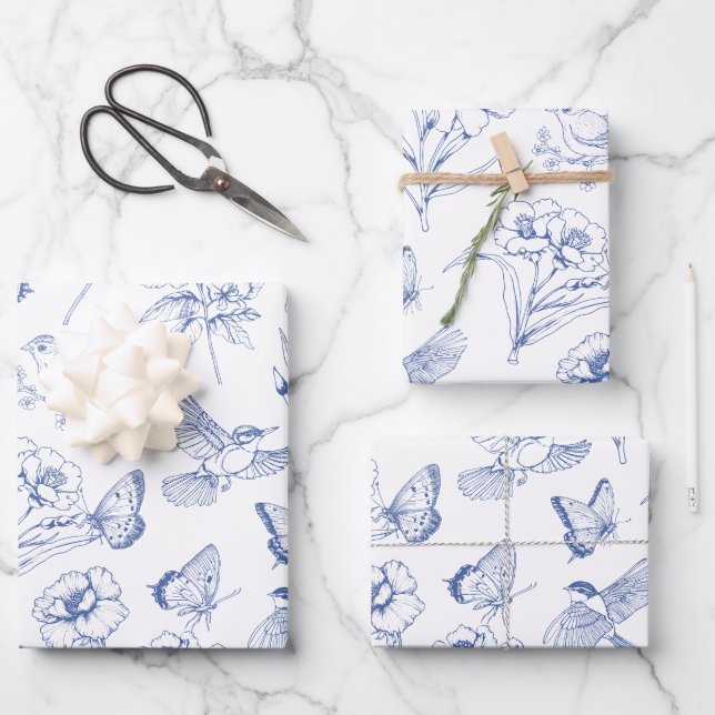 Hoja De Papel De Regalo Hummingbird & Butterfly Floral Toile Blue Wraping (Anverso)