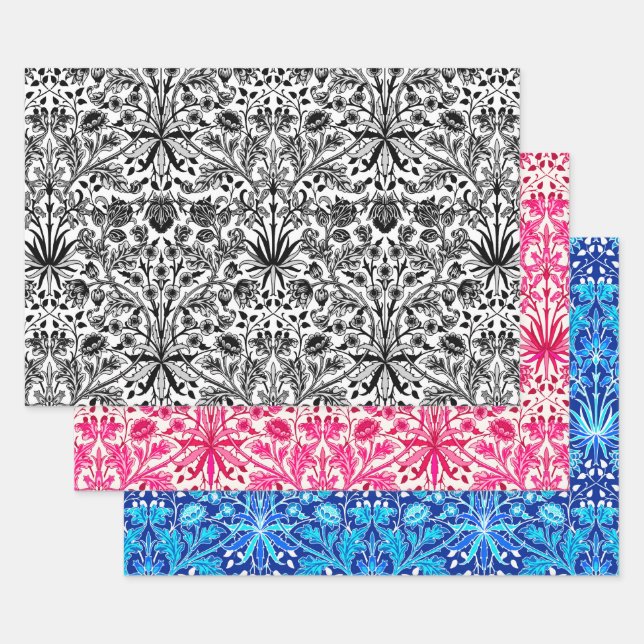 Hoja De Papel De Regalo Hyacintos William Morris, negro/blanco, rosa, azul (Set)