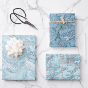 Hoja De Papel De Regalo Ice Blue Silver Marble Glitz