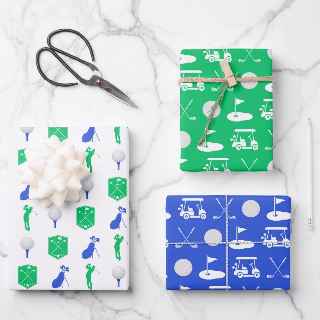 Hoja De Papel De Regalo Iconos de golf azules y verdes (Anverso)