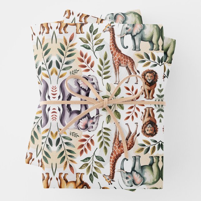 Hoja De Papel De Regalo Illustrated pattern featuring elephants, lions (Subido por el creador)