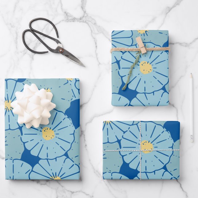 Hoja De Papel De Regalo Ilustracion azul de patrón floral japonés  (Anverso)